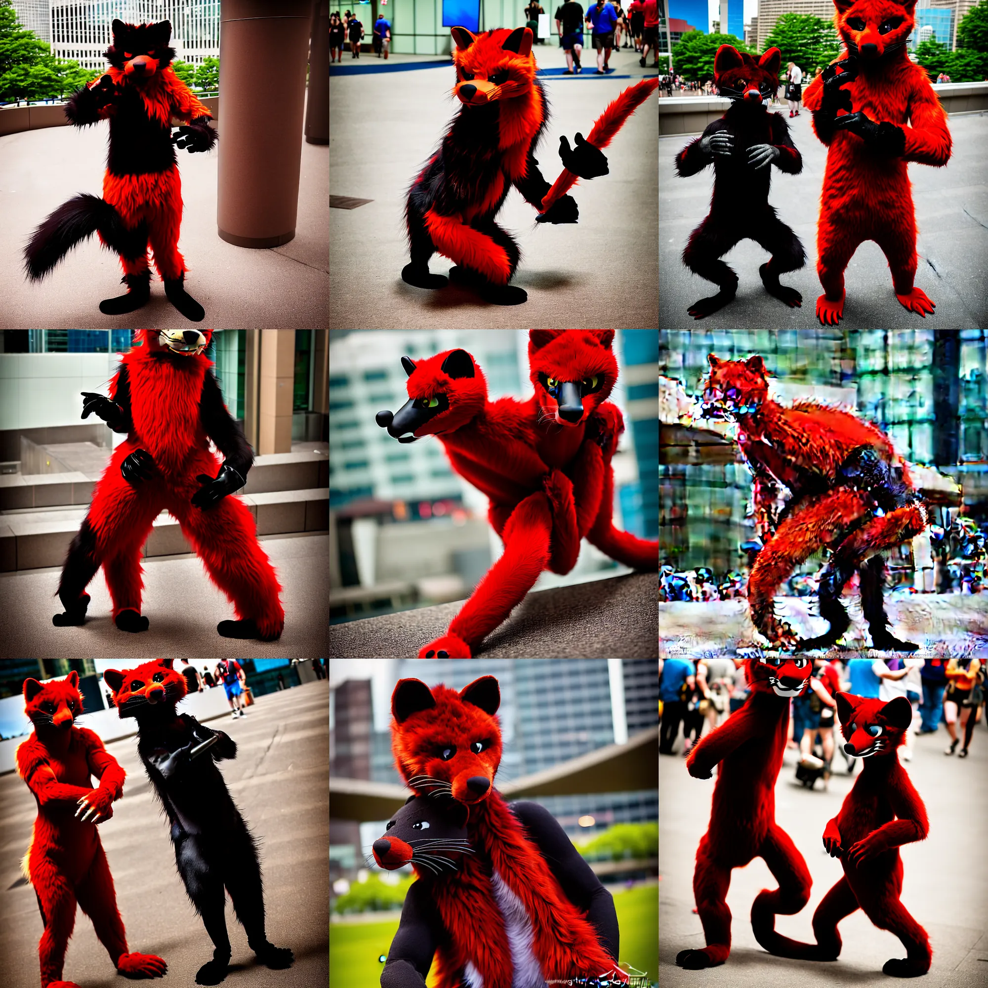 Prompt: fullbody photoshoot photo portrait of a roguish male red - black furred weasel furry fursuiter ( with tail ), taken at anthrocon ( furry convention )