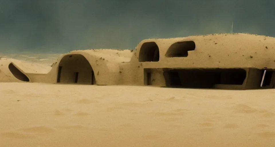 Image similar to the long - shot of levitating abandoned buildings designed by giger under the sand in night arrakis desert, alien spaceship exploding, film still from the movie by alejandro jodorowsky with cinematogrophy of christopher doyle and art direction by hans giger, anamorphic lens, kodakchrome, very detailed photo, 8 k,