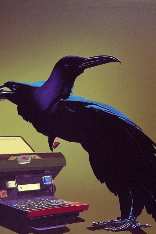 Image similar to a raven investigating 8 0 s era technology, vintage shapes, retro technology, pantone color, wayne barlow, oil on canvas, deep depth of field, masterpiece, cinematic composition, hyperdetailed