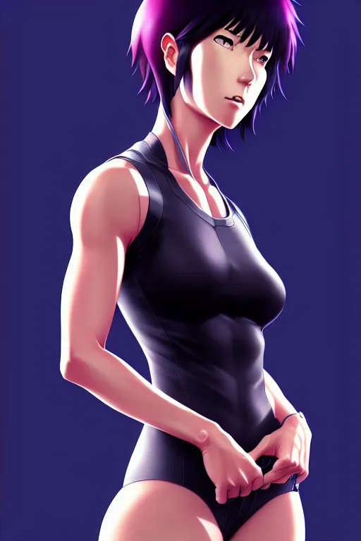 Image similar to a fullbody portrait of motoko kusanagi the major ghost in the shell : : stand alone complex, under repairs, maintenance : : by ilya kuvshinov, rossdraws, artgerm, sola digital arts, anti aliasing, raytracing : :