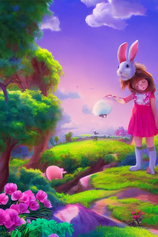 Image similar to matte sharp painting cute little girl and rabbit landscape painted by mark rydel and lisa frank, on artstation behance