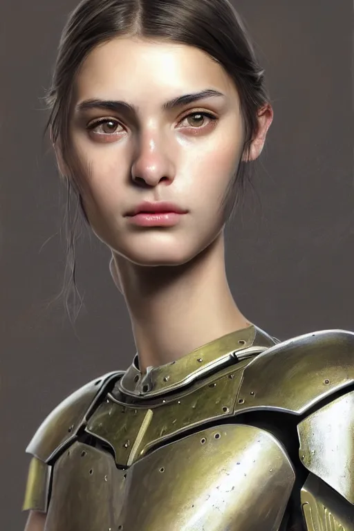 Image similar to a photorealistically painted portrait of an attractive young girl, partially clothed in dull metal-plated battle armor, olive skin, long dark hair, beautiful bone structure, symmetric facial features, perfect eyes, natural physique, intricate, elegant, digital painting, concept art, finely detailed, beautiful illustration, sharp focus, minimal artifacts, from Metal Gear, by Ruan Jia and Mandy Jurgens and Artgerm and William-Adolphe Bouguerea, in the style of Greg Rutkowski, trending on Artstation, award winning