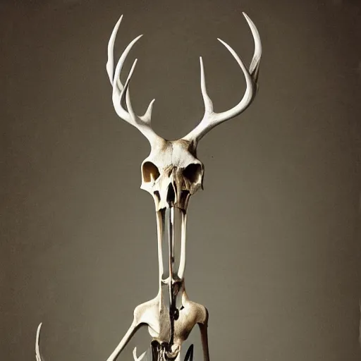 Image similar to a slender bipedal creature with a deer skull for a head and antlers