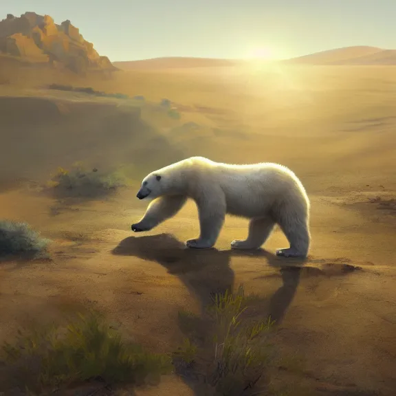 Prompt: polar bear in the desert, painting by Craig Mullins, octane rendering, soft morning lighting, wide angle lens, in the style of Hayao Miyazaki, trending on artstation,