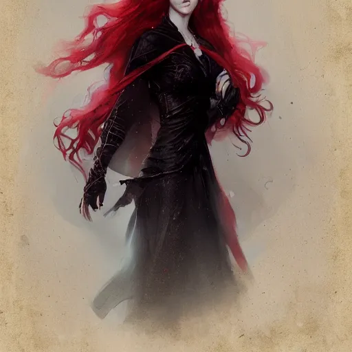 Prompt: portrait of a gorgeous young irish woman with red hair wearing tattered black robes, HD, D&D 4k, 8k, incredibly detailed, intricate, masterpiece, digital illustration by greg rutkowski and tom bagshaw and brom, trending on artstation, character design, concept art