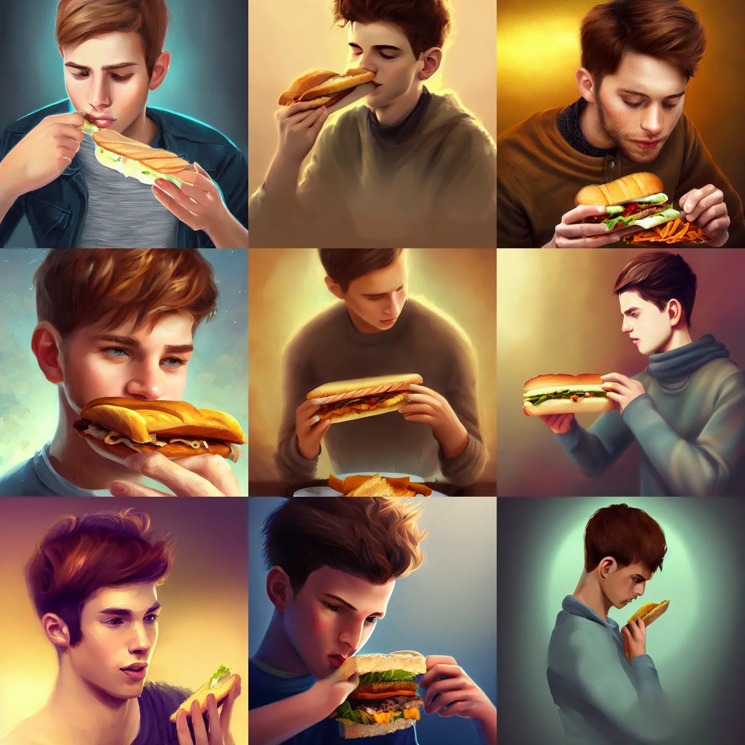 Prompt: A digital painting of a young man with brown hair eating a sandwich, intricate, cinematic lighting, highly detailed, digital painting, Artstation, concept art, smooth, sharp focus, illustration, art by Anna Dittmann