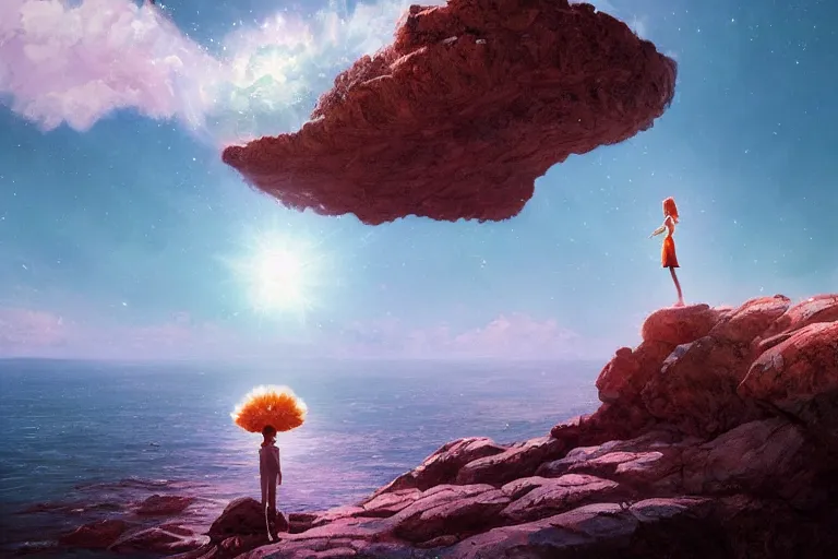 Image similar to giant white daisy flower over head, girl standing on rocky cliff, surreal photography, solar eclipse, milky way, dramatic light, impressionist painting, colorful clouds, digital painting, artstation, james gilleard, liam wong, jeremy mann, simon stalenhag