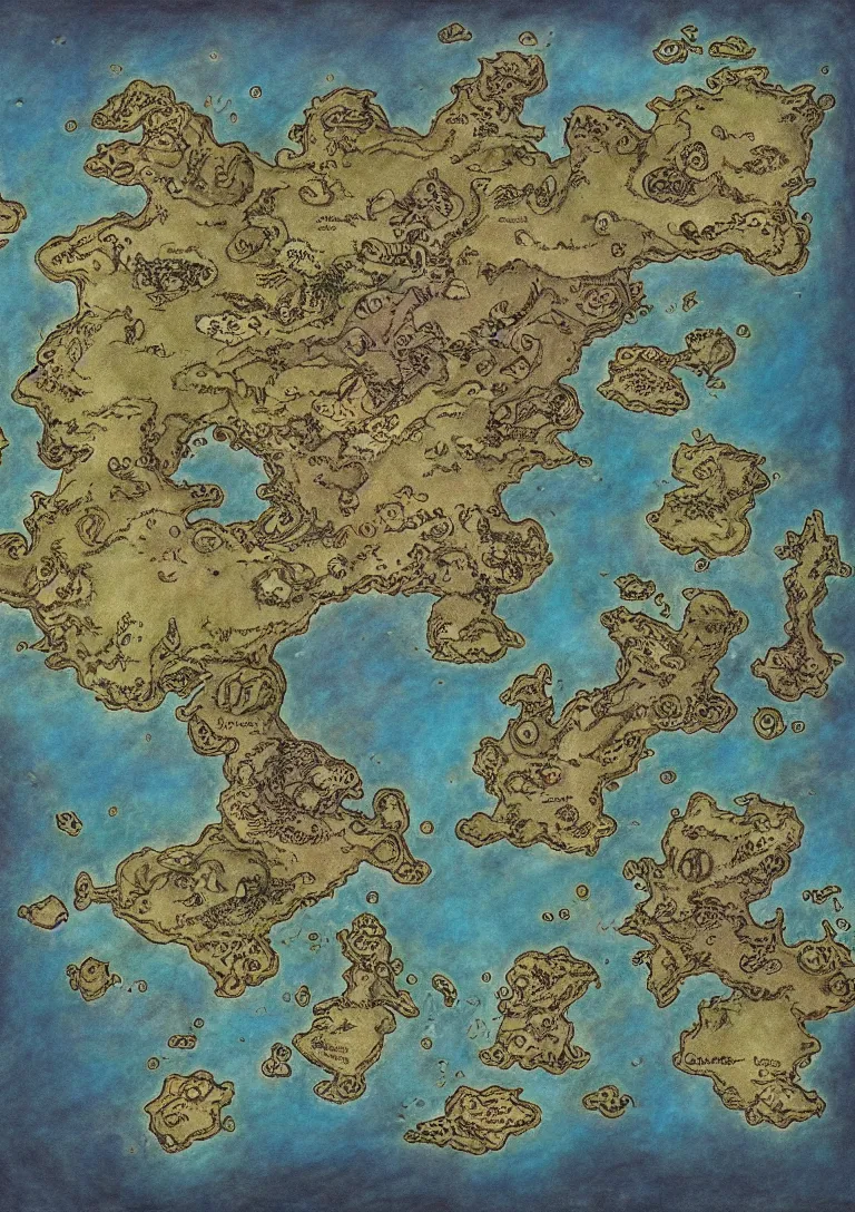 Image similar to simple fantasy map, the land of Odrua, several continents, world of Lute, by JRR Tolkien and Brian Froud, Vatican Map Room, fantasy concept painting, Magic The Gathering Art, trending on art station, showing kingdoms, oceans, continents, vast seas, open plains, swamps frame border