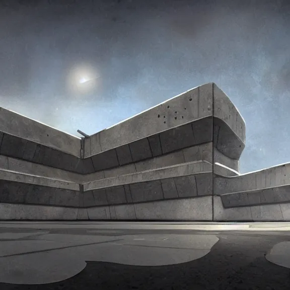 Image similar to sci fi utopian far future research facility exterior, brutalist architecture, grand scale