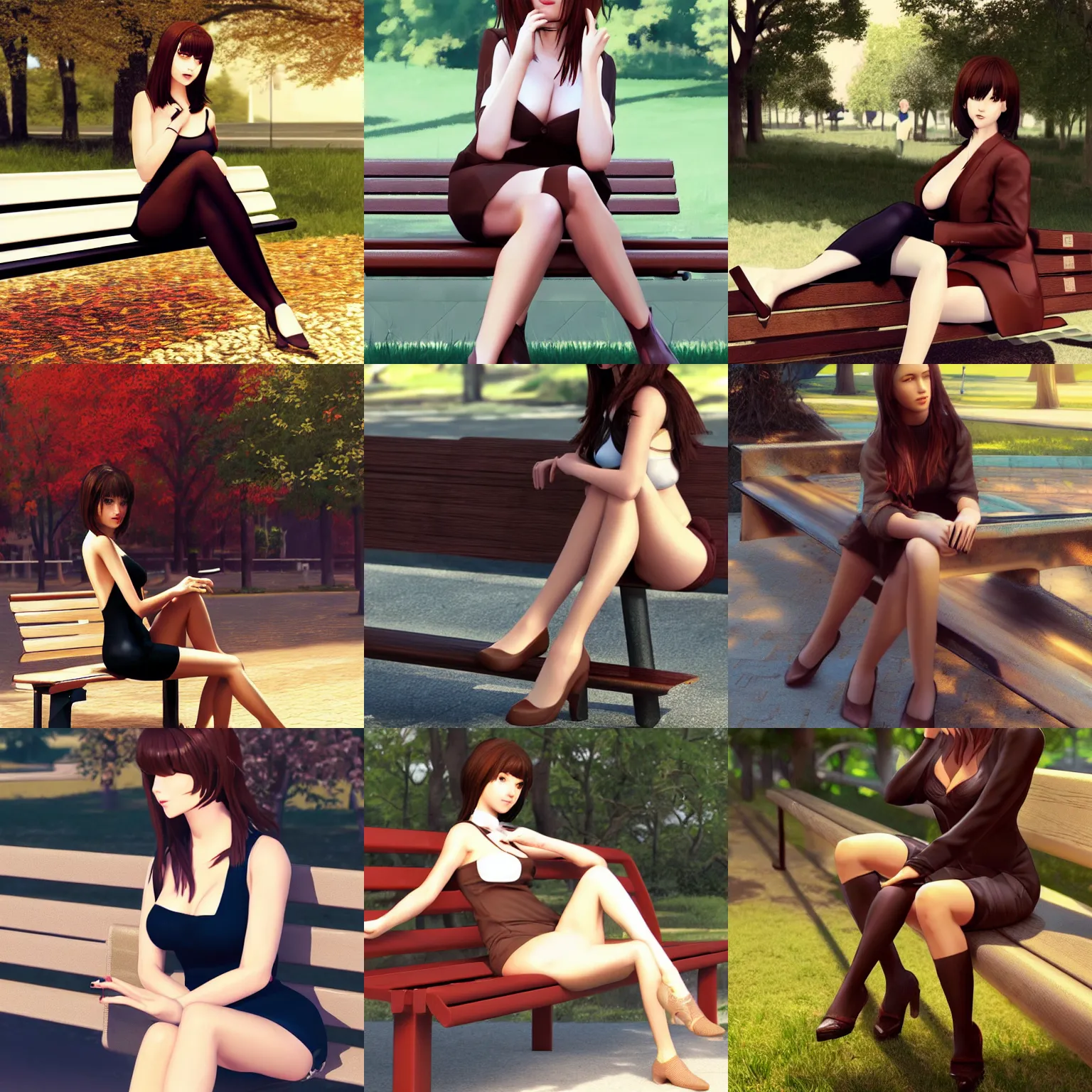 Prompt: sexy woman with brown hair sitting on a bench, by ilya kuvshinov, trending on artstation, high quality render, waifu material