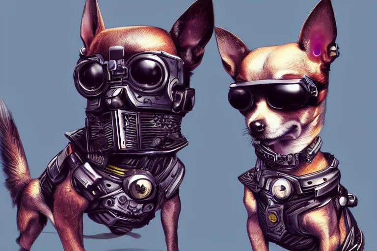 Prompt: a chihuahua with cyberpunk armor, digital art, artstation, highly detailed