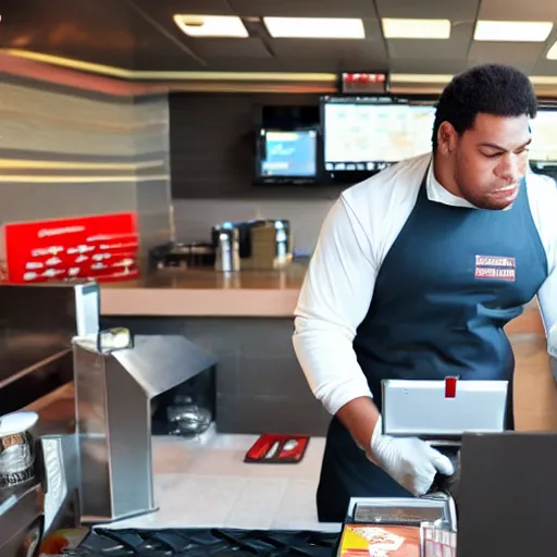 Prompt: high quality photo of a big gorilla working at a fast food restaurant