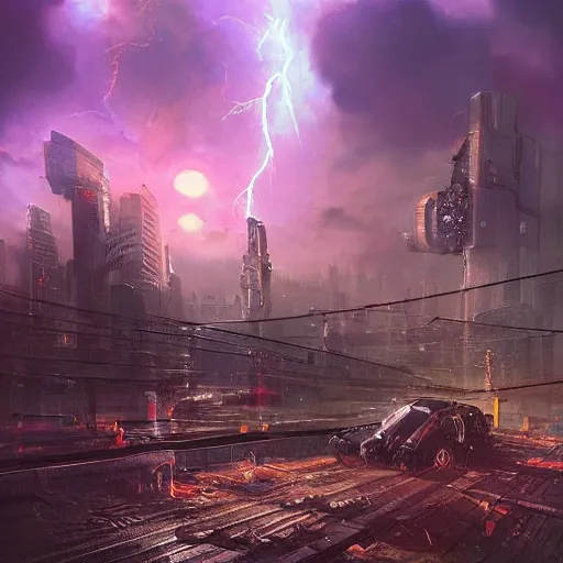 Image similar to Cyberpunk, steampunk, apocalyptic, surreal, sunset during a thunderstorm, otherworldy, purple, trending on artstation