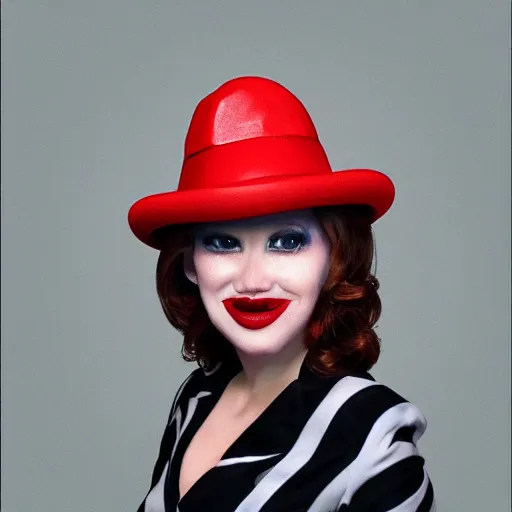 Image similar to the hamburglar as a beautiful woman, photo realistic, 8 k,