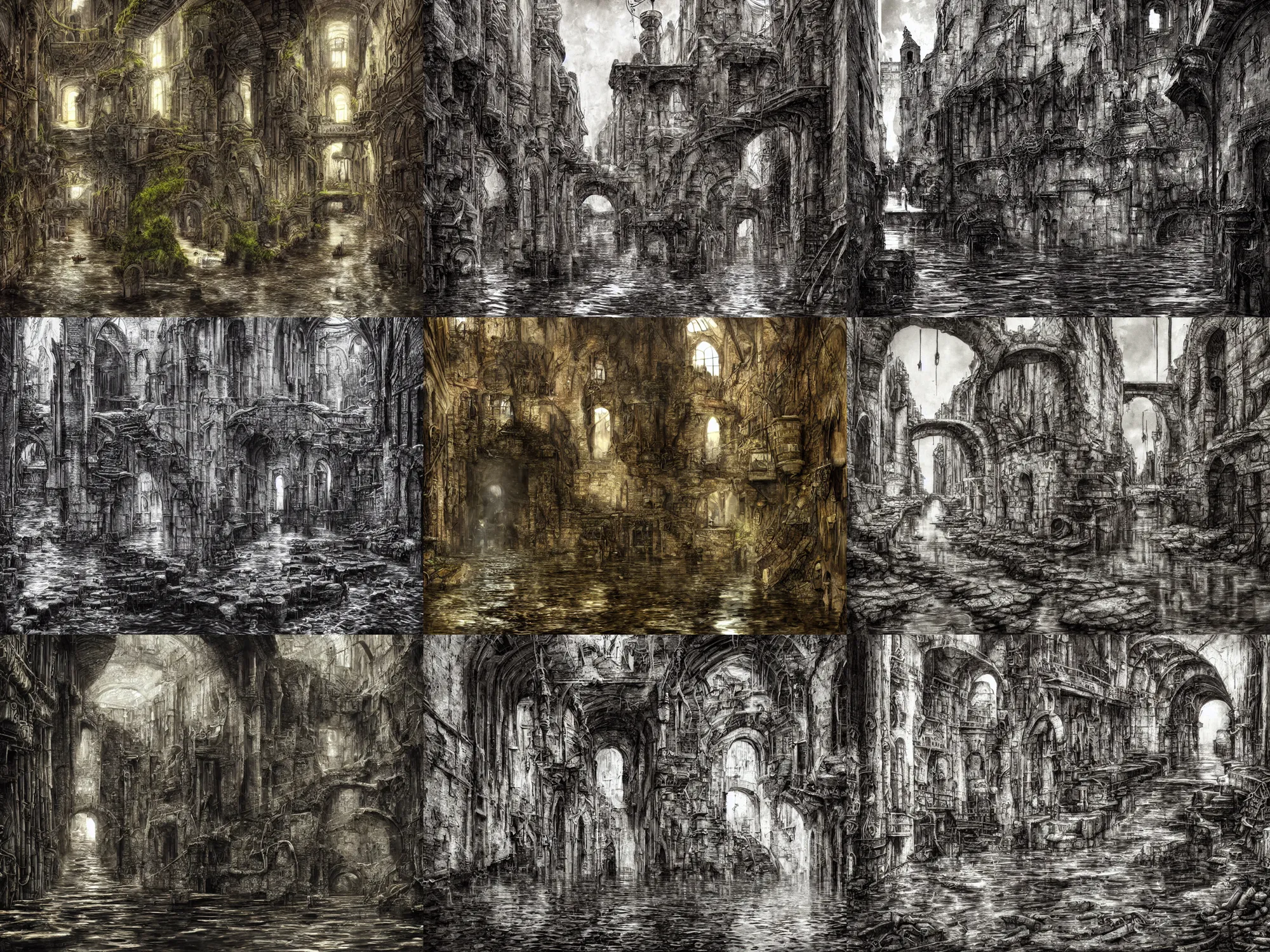 Prompt: inside the ancient flooded sewers in the old part of the city. fantasy art, layers of architecture, adventure, wet, standing water, channel, canal, boat, lamp, running water, stream, channel, musty, moss, sewage, dark, underground, abandoned spaces, torch - lit. by piranesi and fred fields