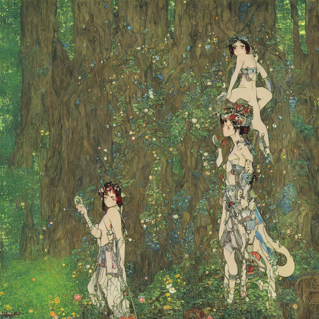 Image similar to Princess Mononoke, fully clothed in armor, lush fairy forest, neon, concept art, schematics, studio ghibli, gnarly trees, painted by gustav klimt, norman rockwell, mucha, james gurney, high detail, denoised, sharp, architectural
