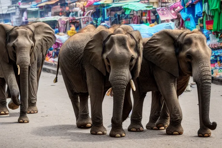 Image similar to elephants walking through an street market in India