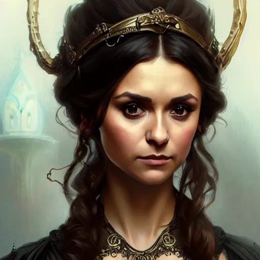 Image similar to Nina Dobrev dressed in a victorian fashion, D&D, fantasy, intricate, elegant, highly detailed, digital painting, artstation, concept art, matte, sharp focus, illustration, art by Artgerm and Greg Rutkowski and Alphonse Mucha