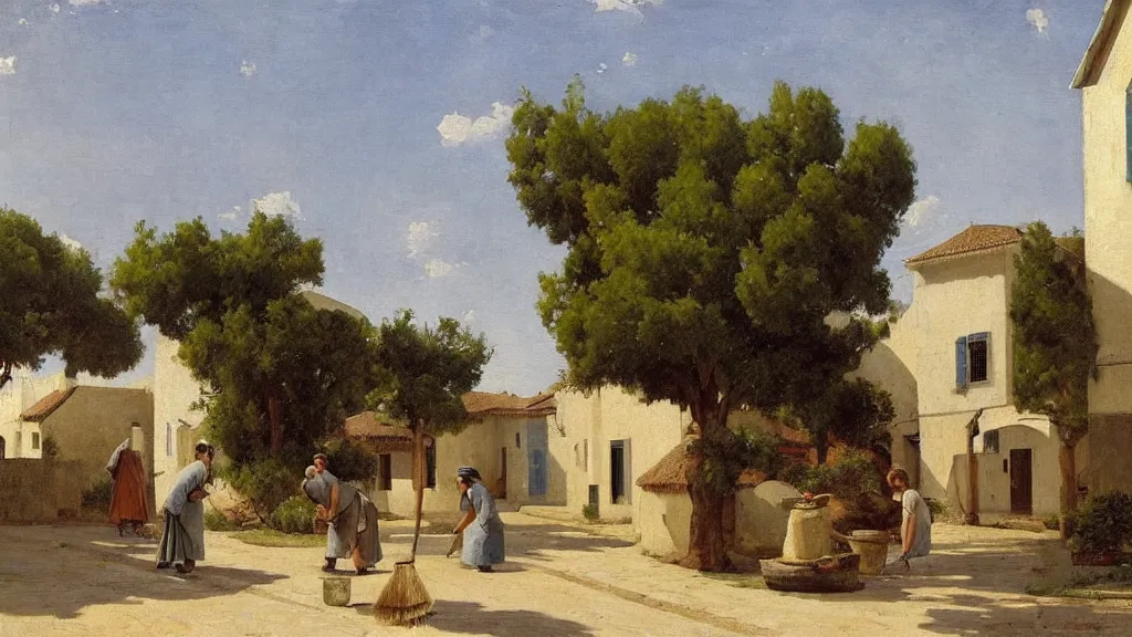 Image similar to a beautiful extremely complex painting of a street in a mediterranean village in summer by peter ilsted, whitewashed housed, tall cypress trees, blue shutters on windows, elderly woman sweeping the ground with a broom, national gallery of art highlights