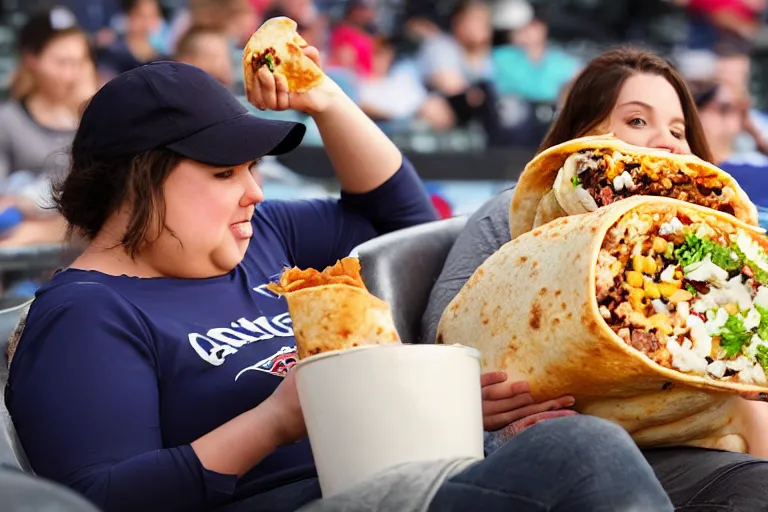 Image similar to obese woman eating a giant burrito sitting at a baseball game, photograph,