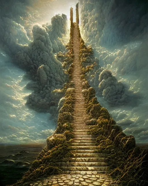 Prompt: Stairway to heaven by Tomasz Alen Kopera and salvator Dali and greg rutkowski, impressive perspective, I can't believe how detailled this is, masterpiece