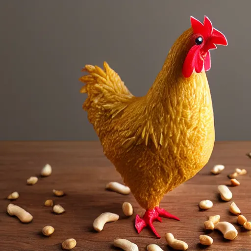 Prompt: a photorealistic chicken made out of peanuts