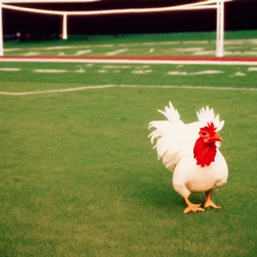 Image similar to the famous funky chicken runs across a football field, interrupting the big game, 3 5 mm