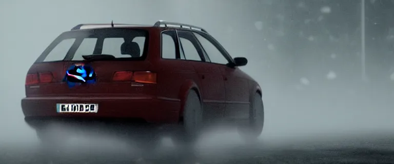 Image similar to Audi A4 B6 Avant (2002), eldritch horror anomaly, a gritty neo-noir, dramatic lighting, cinematic, eerie person, death, homicide, homicide in the snow, gunshots, establishing shot, extremely high detail, photorealistic, red fog, chaos, arson, burning city, cinematic lighting, artstation, by simon stalenhag, Max Payne (PC) (2001) winter New York at night, In the style of Max Payne 1 graphic novel, flashing lights, Poets of the Fall - Late Goodbye