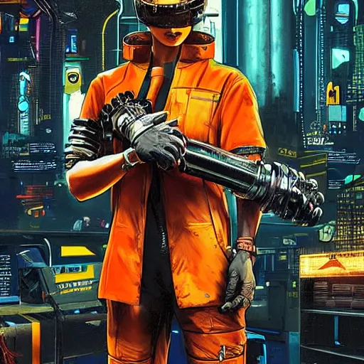 Prompt: mechanic wearing cyberpunk 2 0 7 7 industrial mechanical arms. orange and black color scheme. mechanical concept art by james gurney and mœbius.