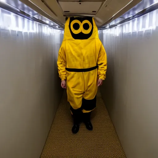 Prompt: a man in a bee suit in the corridor of a capsule hotel