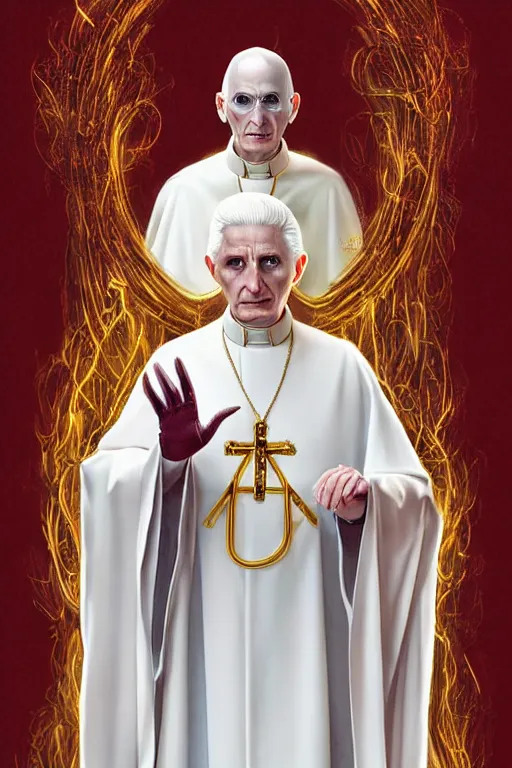 Prompt: bald pale evil sorcerer benedict xvi, steve jobs, stately and dour expression, high black turtleneck, opulent white golden red robe, white leather gloves with gold decoration, sharp focus, illustration, digital painting, art by magali villeneuve