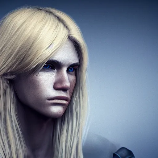 Prompt: legendary blond female warrior, shallow depth of field, moody lighting, 8 k, concept art,