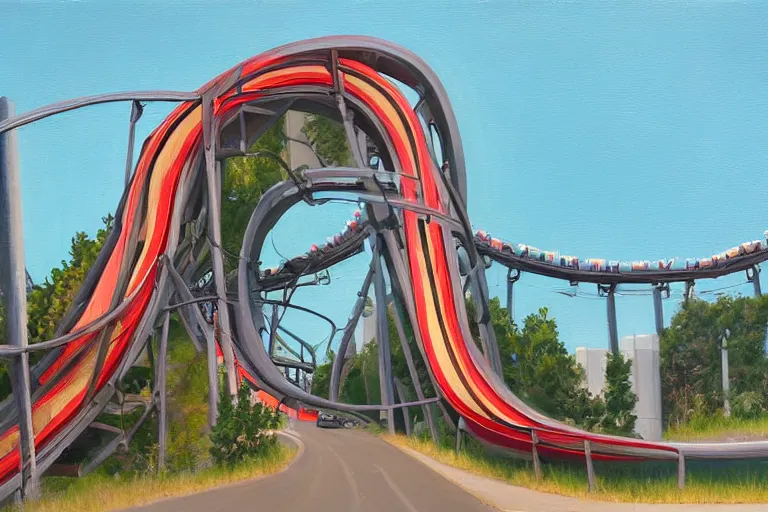 Prompt: watching traffic on a road that does loop - de - loops like a rollercoaster, a jeffrey smart painting, danger and peril