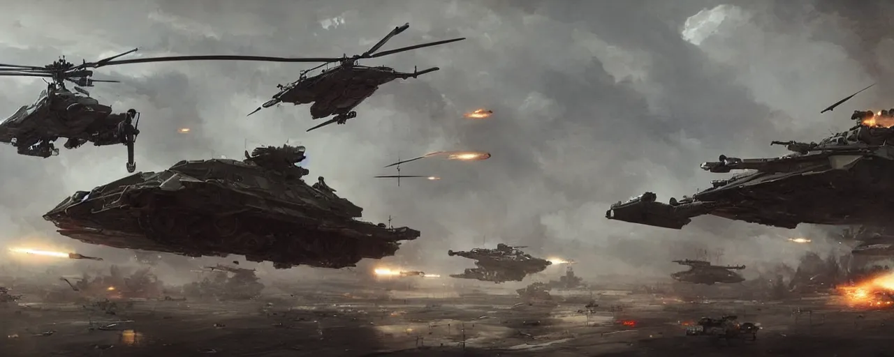 Prompt: a futuristic cyberpunk helicopter in war scene, tank combat in the battlefield, epic scene, by greg rutkowski