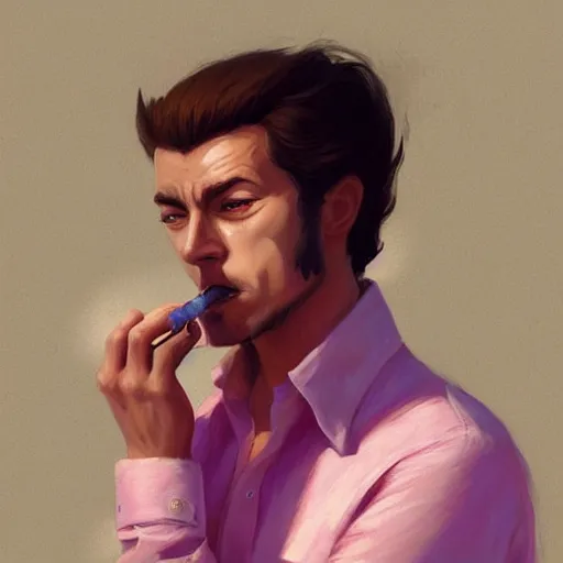 Image similar to portrait of wolf wearing pink shirt, smoking cigarette, digital painting, artstation, concept art, smooth, sharp focus, illustration, art by artgerm, james jean, jean giraud, edward hopper, gaston bussiere and greg rutkowski