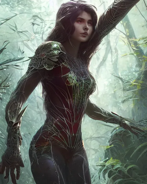 Prompt: a beautiful spiderwoman wearing a magical armor posing in a magical forest, hyper realistic face, fantasy art, in the style of greg rutkowski, illustration, epic, fantasy, intricate, hyper detailed, artstation, concept art, smooth, sharp focus