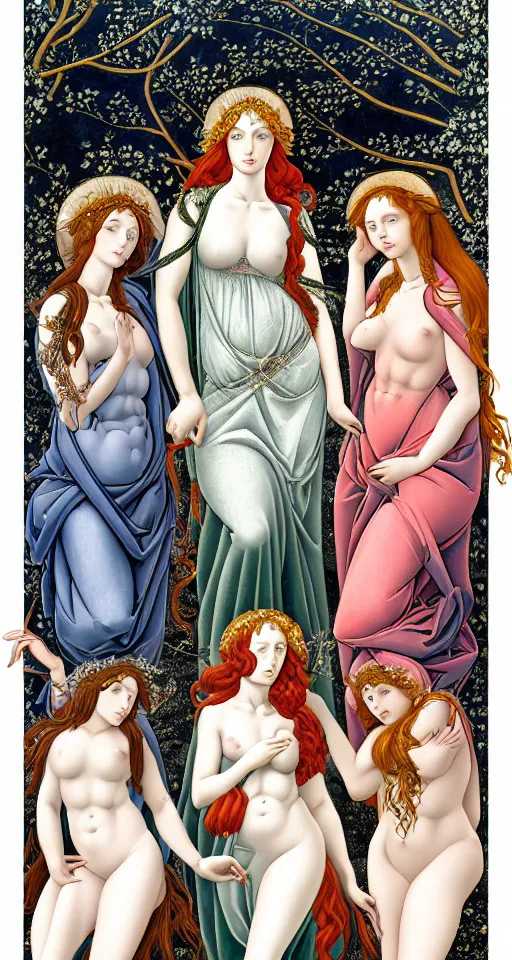 Image similar to the 3 Goddesses of Winter, in a mixed style of Botticelli and Æon Flux, inspired by pre-raphaelite paintings and shoujo manga, surrounded by flora and fauna, hyper detailed, stunning inking lines, flat colors, 4K photorealistic