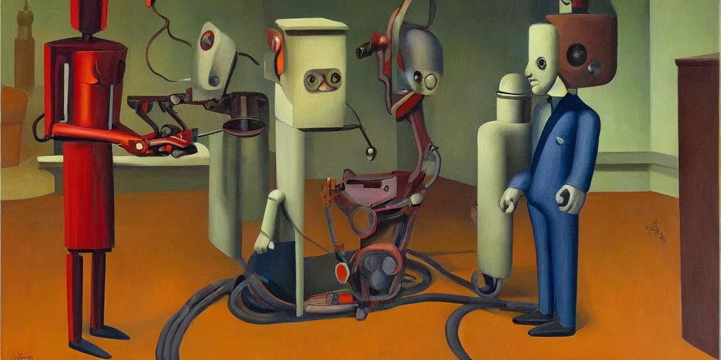 Image similar to devious robot with shifty eyes portrait, lowbrow, pj crook, grant wood, edward hopper, oil on canvas