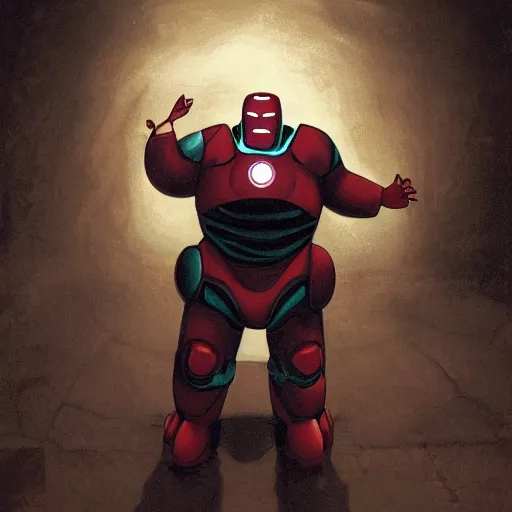 Prompt: Full body photo of morbidly obese ironman, he has lazy eyes of hunger, he is looking straight to the camera, he has a glow coming from him likely flatulence, he is getting illuminated by an unseen overhead light, behind is a mcdonalds, the photo was taking by Annie Leibovitz, matte painting, oil painting, naturalism, 4k, 8k