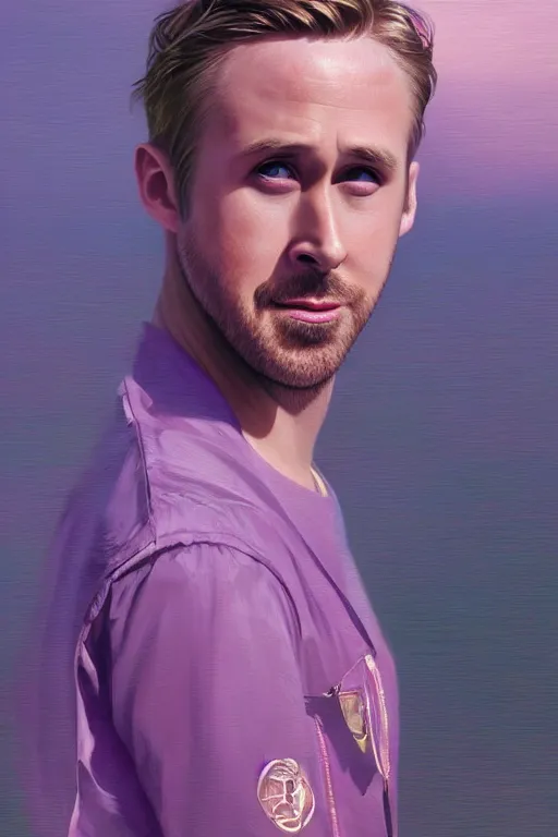 Image similar to ryan gosling robotic clothes in the beach purple sun, pink lighting ultra realistic photorealistic highly detailed high quality, a stunningly, digital painting, artstation, concept art, smooth, sharp focus, illustration, art by artgerm and greg rutkowski and alphonse mucha 8 k