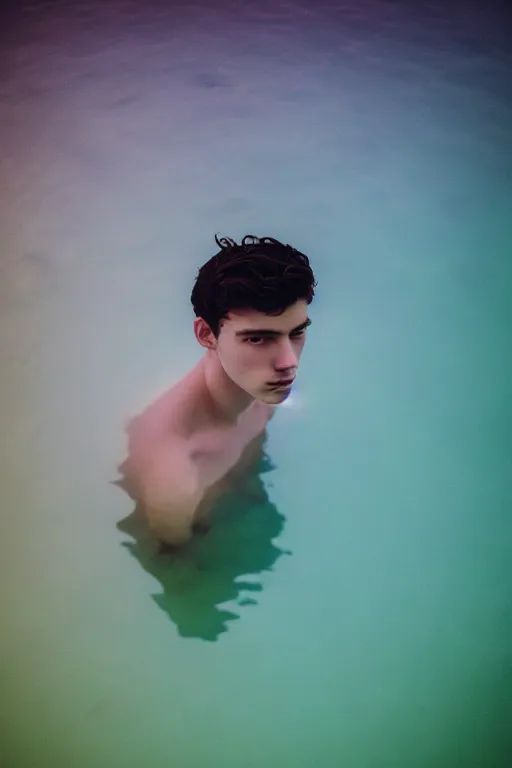 Image similar to high quality pastel coloured film mid angle docu photograph of a beautiful young 2 0 year old male, soft features, short black hair, maximalist clothing, in icelandic black rock pool environment. atmospheric. three point light. photographic. art directed. ( pastel colours ). volumetric light. clearcoat. waves glitch. 8 k. filmic.