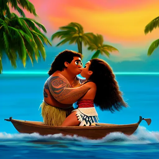 Image similar to Moana kissing Maui, concept art, digital art, Disney style-H 800