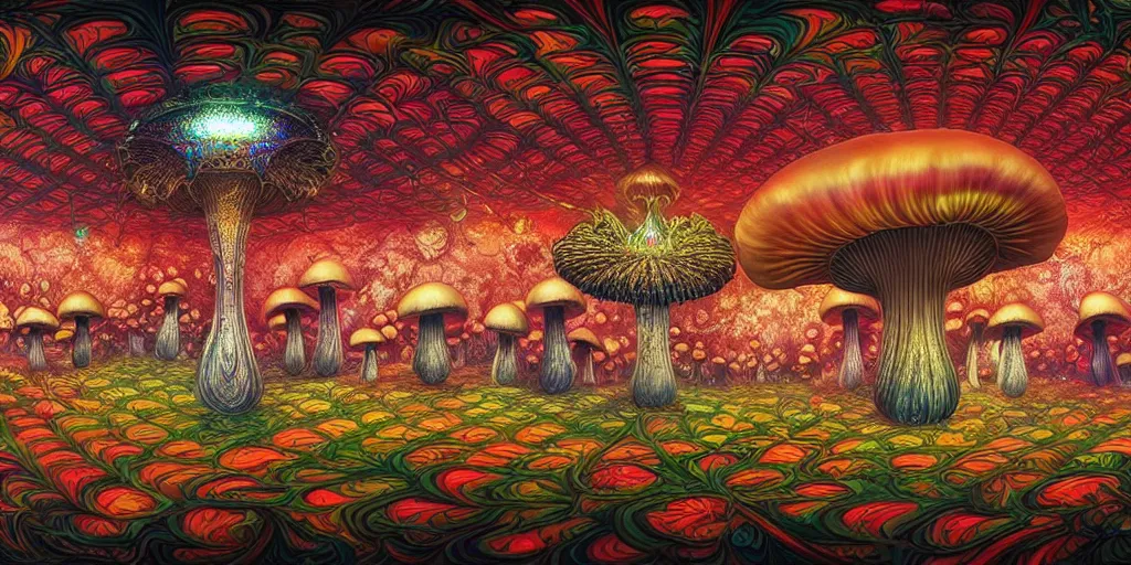 Image similar to 360 degree panoramic, anthropomorphic mushroom carnival attractions portrait, Art Deco nature, fantasy, intricate art deco mushroom designs, elegant, highly detailed fractals, sharp focus, fractal big top, equirectangular, 360, panoramic equirectangular, art by Artgerm and beeple and Greg Rutkowski and WLOP