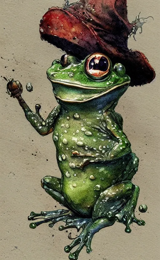 Prompt: detailed frog with a wizard hat by Jean-Baptiste Monge and frank frazetta , post processing, painterly, book illustration watercolor granular splatter dripping paper texture, ink outlines, painterly, trending on artstation, trending on pinterest childrens art