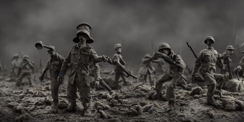 Image similar to the world war 3, surrealistic detailed claymation art, dark, moody, foggy