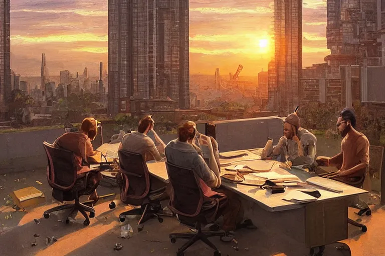 Image similar to monkey employees setting on glorious meeting room, papers and bananas scattered on the table, sunset, buildings and skyline showing from windows, fine art, artstation, matte painting, masterpiece by vasnetsov