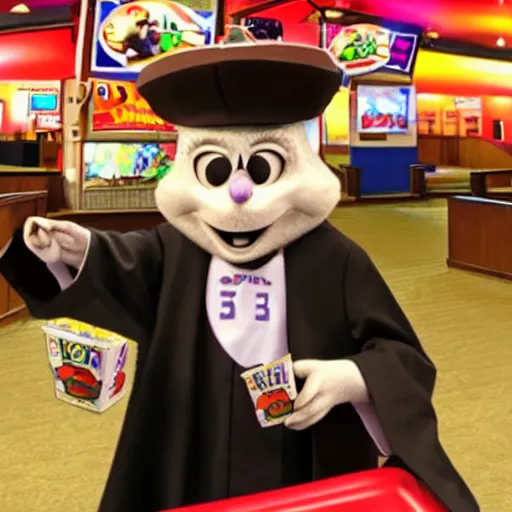 Prompt: Chuck E. Cheese as a priest in a church