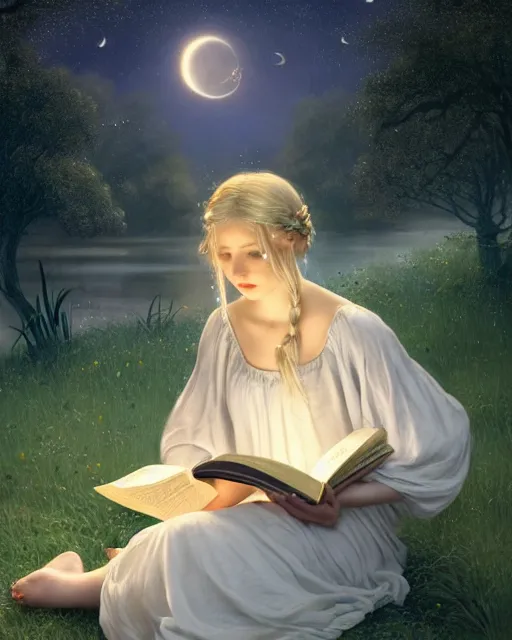 Image similar to girl in white nightgown reading a book by the river, a full moon on the horizon, dark starry sky, dreamy fantasy ambience with golden orbs and fireflies, detailed gothic illustration bright moon light, by edmund blair leighton, brom, charlie bowater, trending on artstation, faces by tom bagshaw, otto schmidt