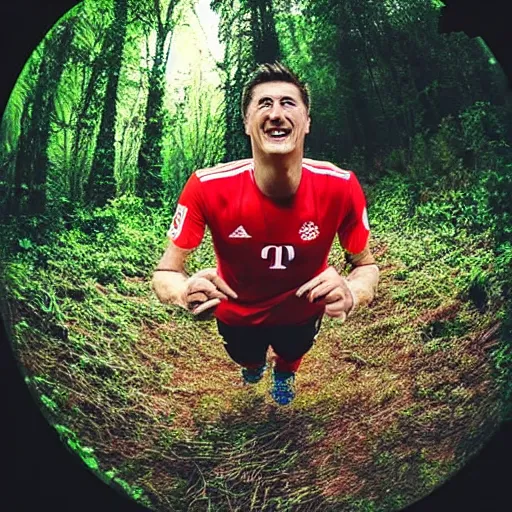 Prompt: laughing robert lewandowski creeping towards the camera on trail cam at night, in a dark forest, lit by a flashlight, fisheye!!!