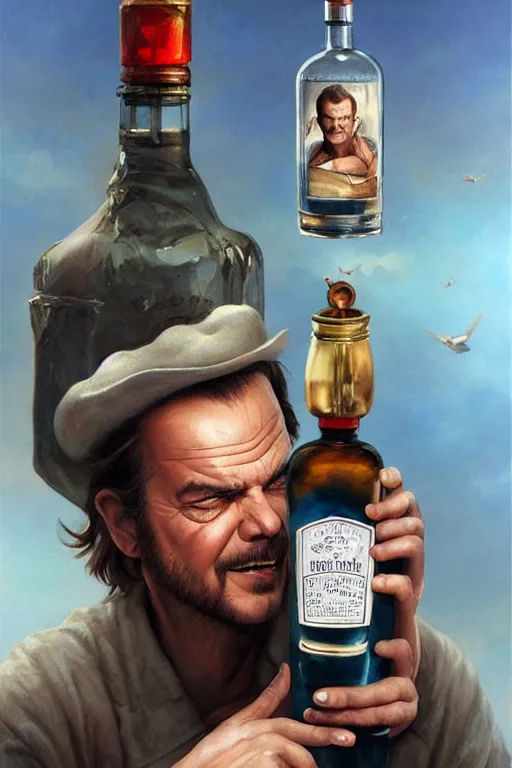 Image similar to a message in a bottle but instead of a ship it is a young jack nicholson in the bottle, jack nicholson, fancy whiskey bottle, masterpiece painting by artgerm and tom bagshaw and boris vallejo and frank frazetta